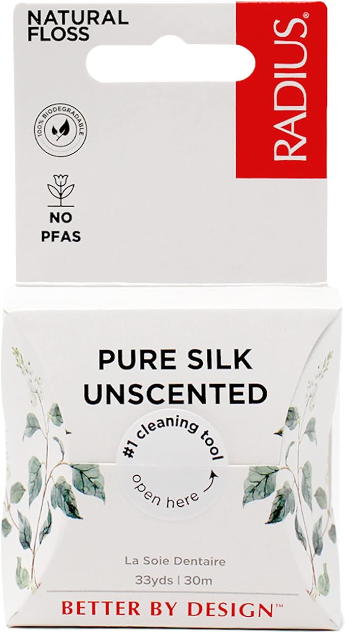RADIUS Dental Floss, Natural Floss, Unscented Silk, 33 Yards, Compostable & Non-Toxic Oral Care Designed to Help Fight Plaque, Pack of 6