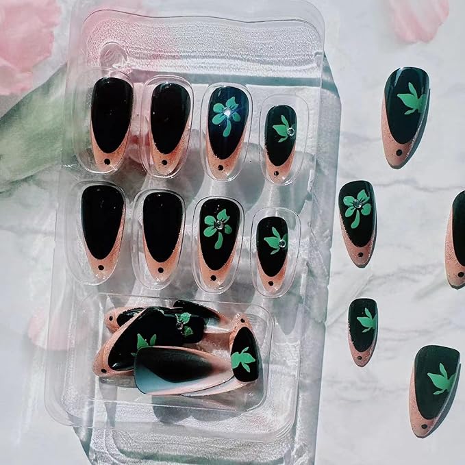 St. Patrick's Day Press on Nails Medium Length French Tip Fake Nails Green Shamrock Glitter with Rhinestones Four-leaf Clover Stick on Nails Acrylic False Nails Nail Tips for Women Manicure Art 24Pcs