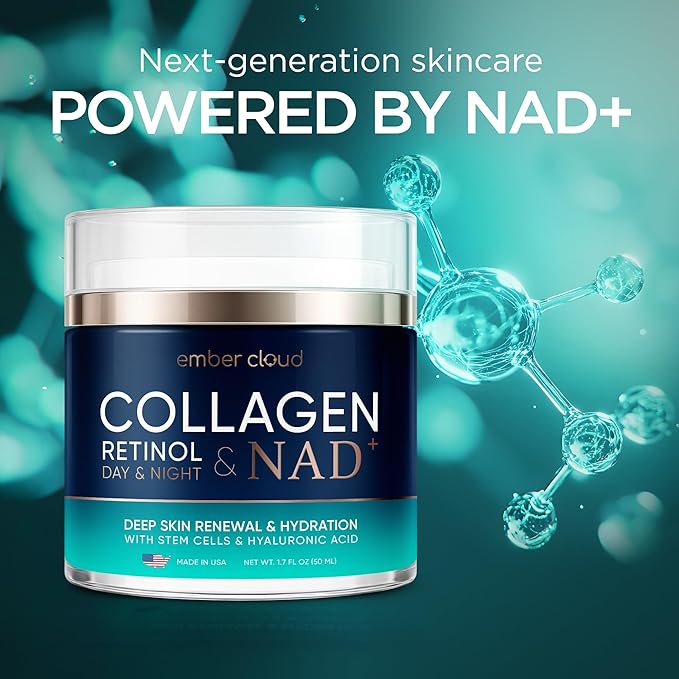 Collagen NAD+ Cream for Face Retinol Hyaluronic Acid Niacinamide for All Skin Types - Anti-Aging Face Moisturizer with Airless Pump - Day & Night Cream for Wrinkles - Made in USA 1.7 Oz