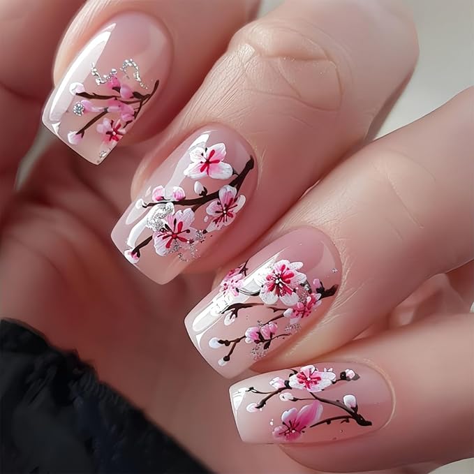 Square Press on Nails Medium Fake Nails with Flower Branches Designs Nude Nails Press ons Glossy Glue on Nails Spring Acrylic Nails Summer False Nails Artificial Stick on Nails for Women 24Pcs