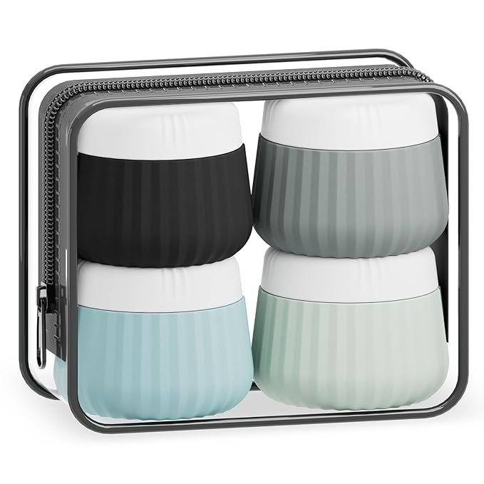 Travel Containers for Toiletries 4 Pack, TSA Approved Travel Size Toiletries, Travel Size Containers, With Clear Bag Leak Proof Silicone Jars, Travel Essentials Creams Jars Carrying Small Items