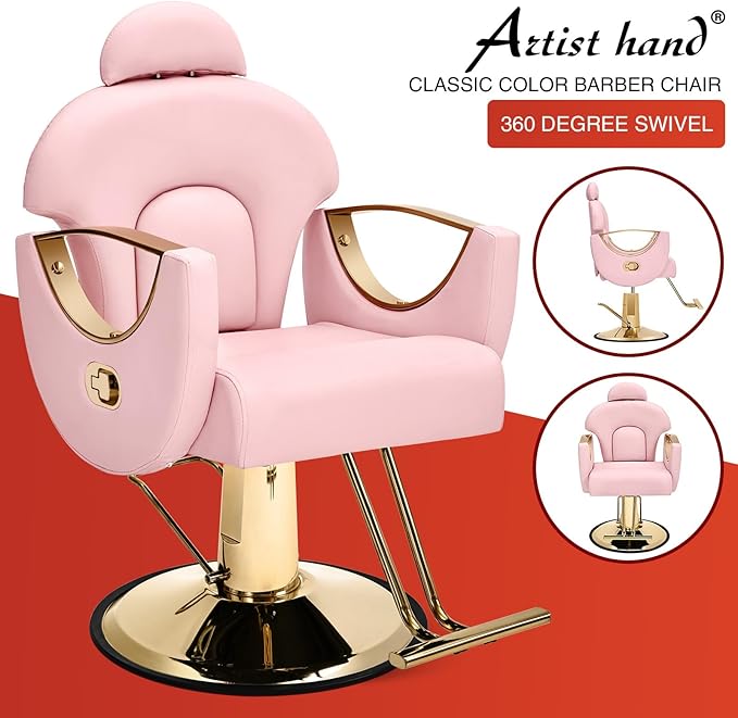Artist hand Pink Barber Salon Chair Reclining, Heavy Duty Hairdressing Styling Chair with Oversized Hydraulic Pump 360 Degree Swivel, Modern Beauty Spa Equipment, Max Load 400 LBS