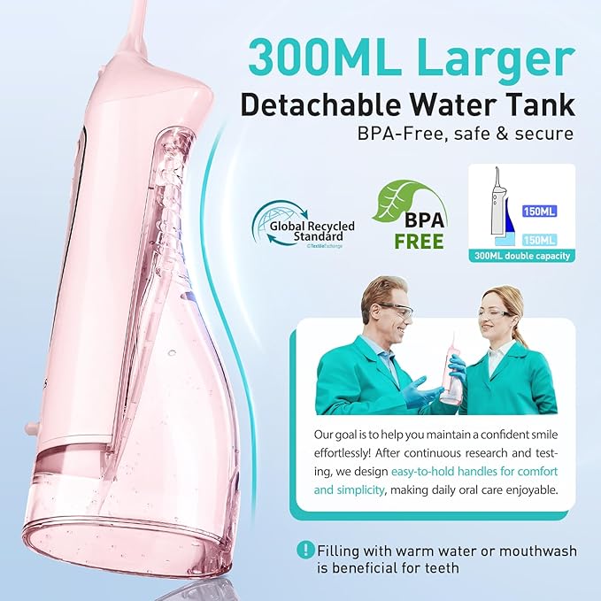 COSLUS Water Dental Flosser Teeth Pick: Portable Cordless Oral Irrigator 300ML Rechargeable Travel Irrigation Cleaner IPX7 Waterproof Electric Flossing Machine for Teeth Cleaning C20(F5020E) Pink