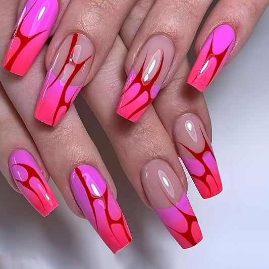 Coffin Press on Nails Medium Fake Nails with Red Lines Designs Gradient Glue on Nails Red Pink Nails Press ons French Tip False Nails Acrylic Artificial Stick on Nails for Women 24Pcs