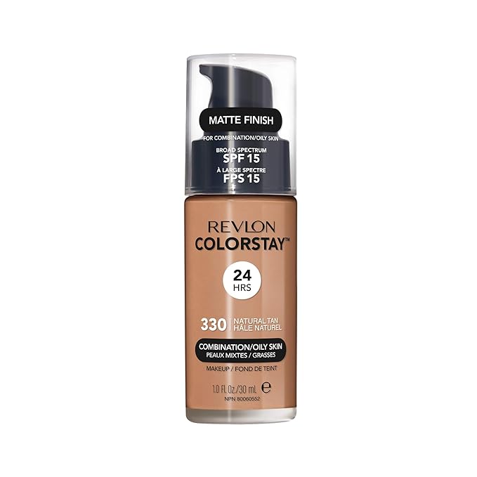 Revlon Liquid Foundation, ColorStay Face Makeup for Combination & Oily Skin, SPF 15, Longwear Longwear Medium-Full Coverage with Matte Finish, Natural Tan (330), 1 fl oz