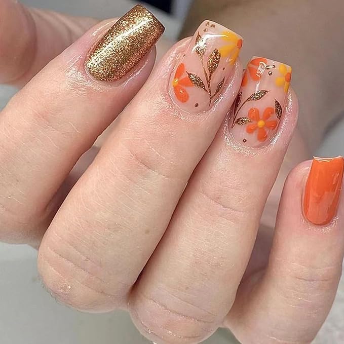 Square Press on Nails Medium False Nails with Glitter Leaves Flower Designs Yellow Fake Nails Glitter Nails Press ons Glossy Glue on Nails Fall Artificial Orange Stick on Nails for Women 24Pcs