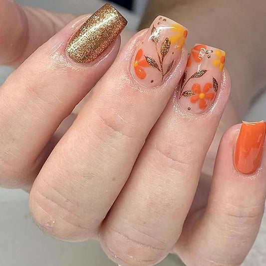 Square Press on Nails Medium False Nails with Glitter Leaves Flower Designs Yellow Fake Nails Glitter Nails Press ons Glossy Glue on Nails Fall Artificial Orange Stick on Nails for Women 24Pcs
