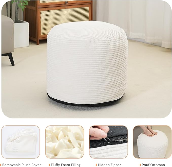 Pouf Ottoman Stuffed Round Modern Foam Filled Foot Rest Corduroy Poufs for Living Room Chair Decorative 20 X 15 Inches Fluffy Pouf Foot Stool Storage Ottoman, Beige