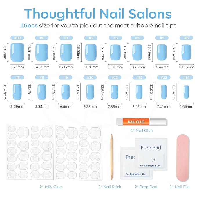 Modelones 32Pcs Baby Blue Press on Nails,Christmas Short Square Fake Nails, Reusable Nail Kit with Nail Glue Adhesive Tabs Mini Nail File, Nails Press Ons 16 Sizes
