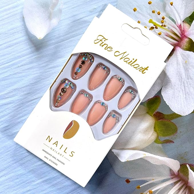 Rhinestones Press on Nails Medium Length Pink Almond Tip Acrylic False Nail Full Cover Glossy Artificial Stick on Nail Press Ons Artificial Fingernails 24Pcs DIY Glue on Nails for Women