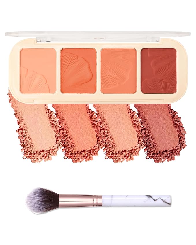 Matte Face Blush Palette Kit with Brush-4 Colors Pink Purple Orange Silky Mineral Blendable Blusher Contour Powder for Cheeks,Longlasting Professional Facial Beauty Makeup Gift for Women Girl-Set 02