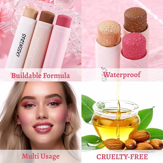 3Pcs Multi-Use Face Makeup Sticks Sets, Blendable Cream Blush Stick For Cheeks Lips, Highlighter Contour Shading Sticks Moisturizer Make Up Sets For Women (01)
