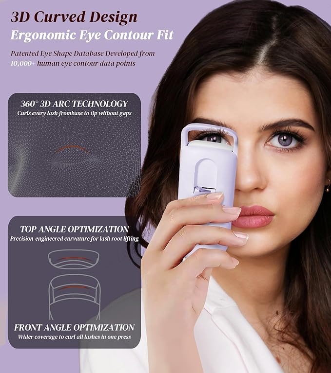 Heated Eyelash Curler, Eyelash Curlers with 10S Quick Heat-Up, 2 Temp Settings, 3S Styling & 24H Long-Lasting Natural Curl, Type-C Recharge, Mini Electric Eyelash Curler for Travel - Purple