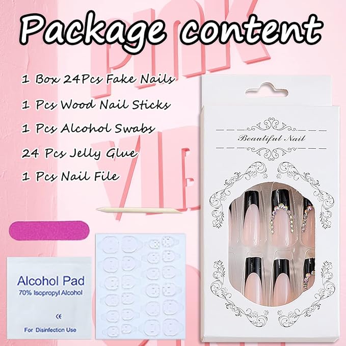 Long Press on Nails French Tip Fake Nails Black Acrylic Nails with Rhinestones Design Coffin Nails Tips Full Cover False Nails Reusable Glue on Nails Glossy Artificial Nails for Women Girls 24Pcs