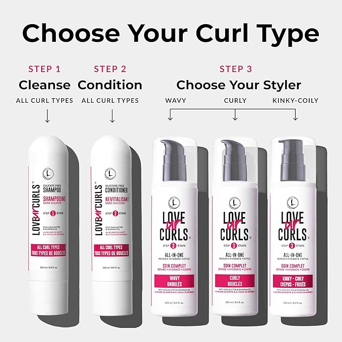 Love Ur Curls - Shampoo & Conditioner Set with All in One Curl Cream Styler for Wavy Hair, 3 Step System for Repair and Moisturizing