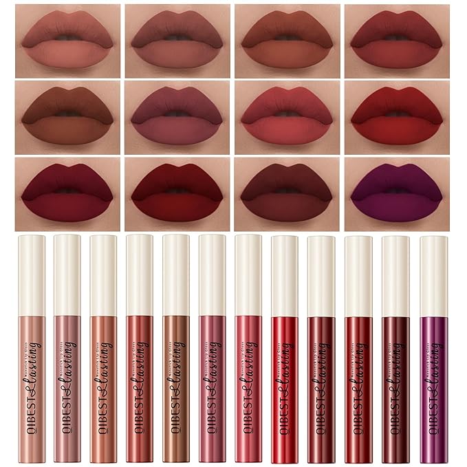 12Pcs Makeup Matte Lipstick Lip Kit, Classic Nudes & Bold Reds Lipstick Set, Non-Stick Cup Not Fade Liquid Lipstick Waterproof Long Lasting Durable Nude Lip Gloss, labiales mate 24 horas originale