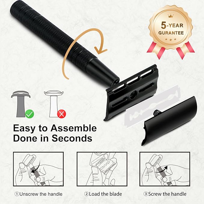 Matte Black Safety Razor, Single Blade Razors for Men, with 10 Stainless Steel Double Edge Blades, Reusable Metal 1 Blade Razor, Eco-Friendly, Smooth and Close Shave, Sustainable, Plastic Free