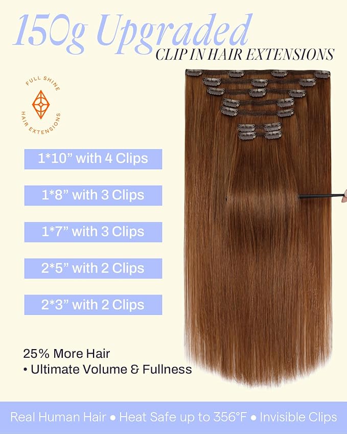 Full Shine Ginger Clip in Hair Extensions 20 Inch Ginger Human Hair Extensions Clip ins for Festivals for Volume for Highlights 150 G 7 Pcs