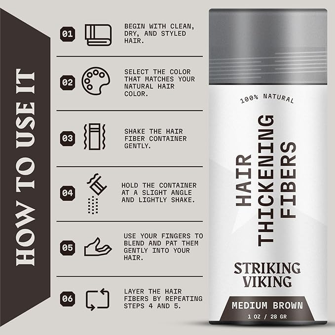 Striking Viking Hair Fibers for Thinning Hair (Medium Brown) 28g - Naturally Derived - Long Lasting Powder, Undetectable, Thicker Look for Men & Women