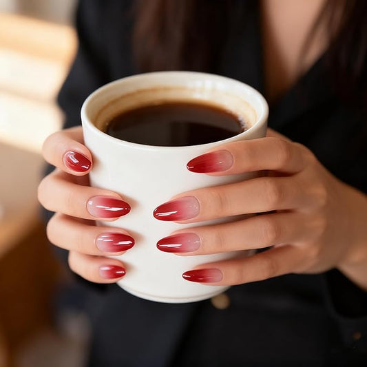 Medium Length Almond Press on False Nails Red Gradient French Fake Nails Salon Manicure Reusable Nails Art Tips DIY at home