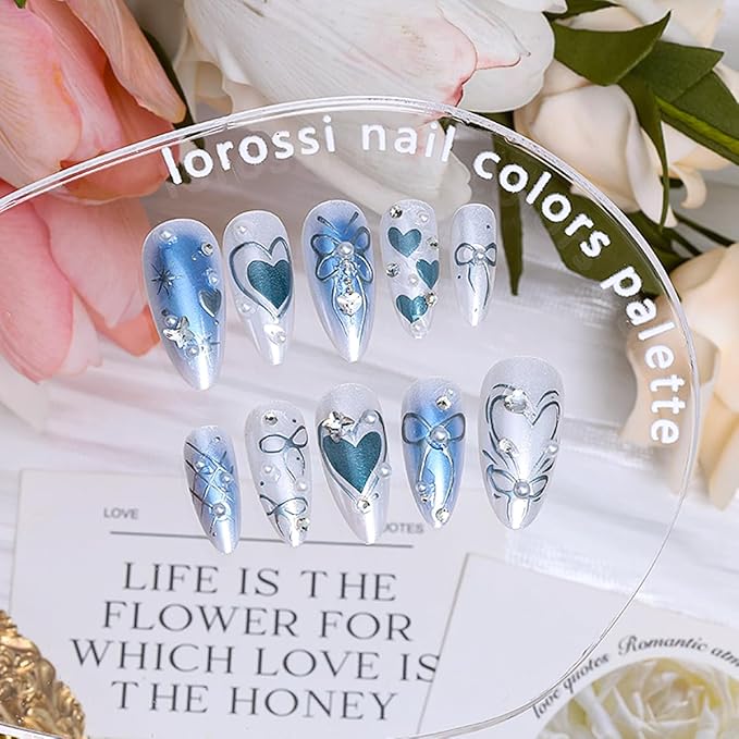 24Pcs Blue Almond Press on Nails Medium Bow Fake Nails with 3D Pearl Butterfly Heart Rhinestones Design Gradient Blue Glue on Nails Y2K Heart Star Acrylic Nails Bows False Nails for Women