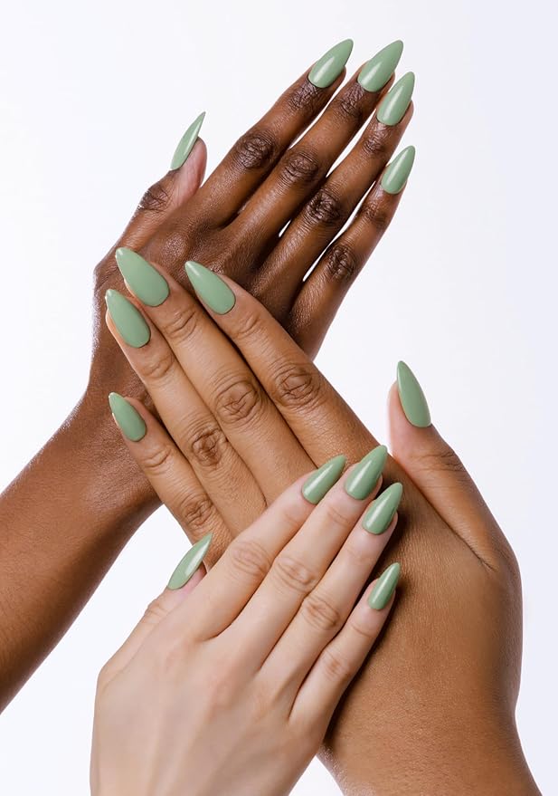 Wooyas Press on Nails Almond, Matcha Green Medium Handmade Gel Fake Nails Reusable, Soft Color Lightweight Natural Glossy in 12 Sizes - 24 Pcs Soft Gel Glue On Nails Kit