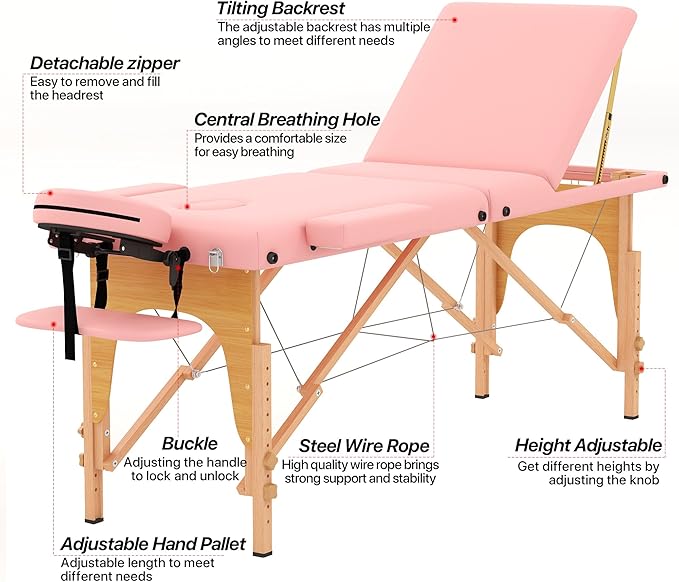 Massage Table Massage Bed, Portable 3 Section Foldable Tattoo Bed, Height Adjustable Lash Spa Bed with Face Cradle, Home Light Weight Facial Salon Bed with with Wood Frame, Light Pink