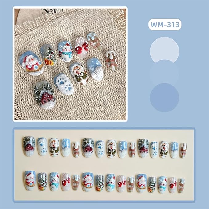 30Pcs Winter Press on Nails Short Oval Almond Christmas Fake Nails with Snowman Santa Claus Xmas Tree Designs Cute Christmas Acrylic Nails Snowflakes Full Cover Stick on Nail for Women Manicure DIY