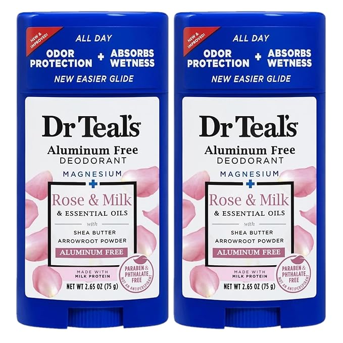 Dr. Teal's Rose & Milk Deodorant Gift Set (2 Pack, 2.65oz Ea) - Rose & Milk Formula - Aluminum Free with Magnesium - Essential Oils, Shea Butter & Arrowroot Powder Absorb Moisture, Keep Skin Healthy