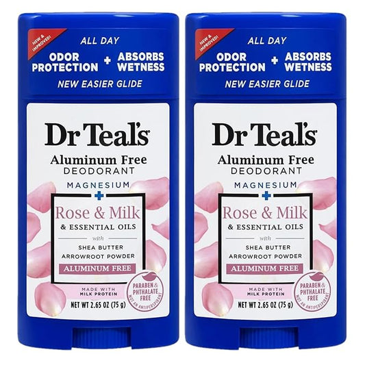 Dr. Teal's Rose & Milk Deodorant Gift Set (2 Pack, 2.65oz Ea) - Rose & Milk Formula - Aluminum Free with Magnesium - Essential Oils, Shea Butter & Arrowroot Powder Absorb Moisture, Keep Skin Healthy
