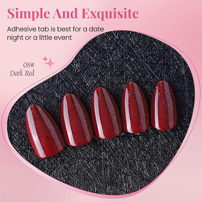 Almond Press On Nails Pearl Finish Wine red Press On Nails Short Glue On Nails for Women Opaque Natural Reusable Stick On Nails 30Pcs 15 Sizes
