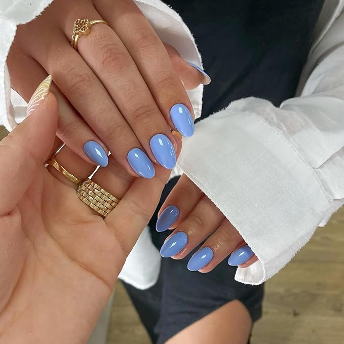 Blue Press on Nails Short Oval Fake Nails Press ons, Thick Solid Color Glue on Nails Short False Nails, Short Almond Nails Oval Round Shaped Nails for Women, 24Pcs Natural Acrylic Gel Nails