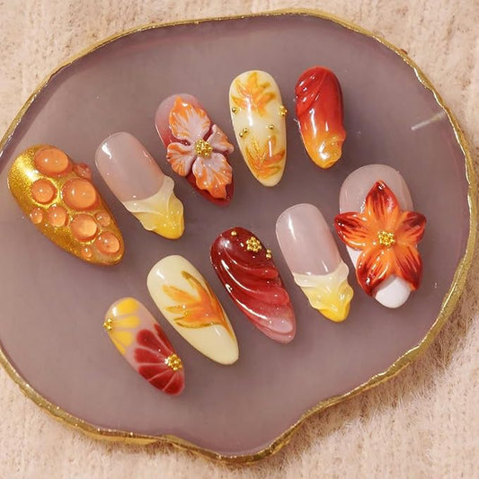 30Pcs Fall Handmade Press on Nails Medium Almond French Tip Fake Nails Maple Leaf False Nails with Gold 3D Rhinestones Stick on Nails Thanksgiving Flower Full Cover Artificial Glue on Nail for Women