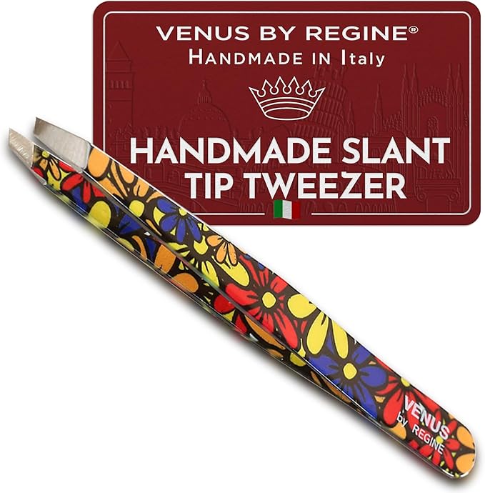 Venus by Regine Slant Tweezers - Handmade Precision Tool for Women & Men, 25-Degree Angle for Shaping Eyebrows & Grooming Facial Contours, Suitable for Eyebrow & Facial Hair Removal (Large Flowers)