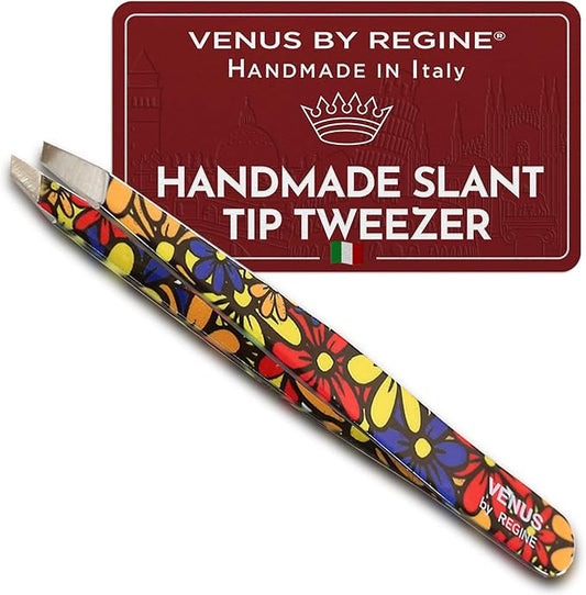 Venus by Regine Slant Tweezers - Handmade Precision Tool for Women & Men, 25-Degree Angle for Shaping Eyebrows & Grooming Facial Contours, Suitable for Eyebrow & Facial Hair Removal (Large Flowers)