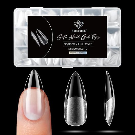Modelones Medium Stiletto Fake Nail Tips - 510Pcs Gel Tips Pre-shaped Half Matte Full Cover Clear Acrylic Gel Kit False Press on Nails for Extension DIY Salon 15Sizes