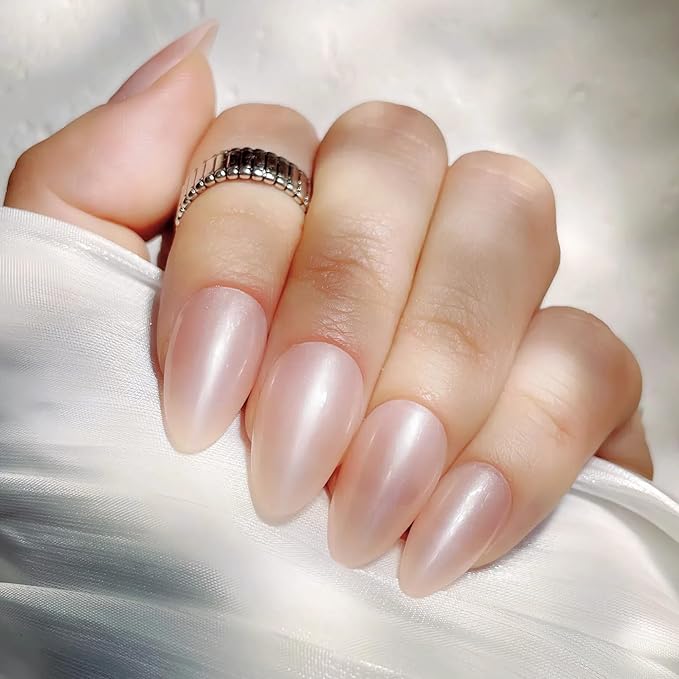 30PCS Short Almond Press-On Nails – Nude Shell Gloss Fake Nails with 15 Sizes, Soft Back Edge & Durable Tip, No Measuring Needed, Reusable Stick-On Nail Tips with Glue & Tools for Women