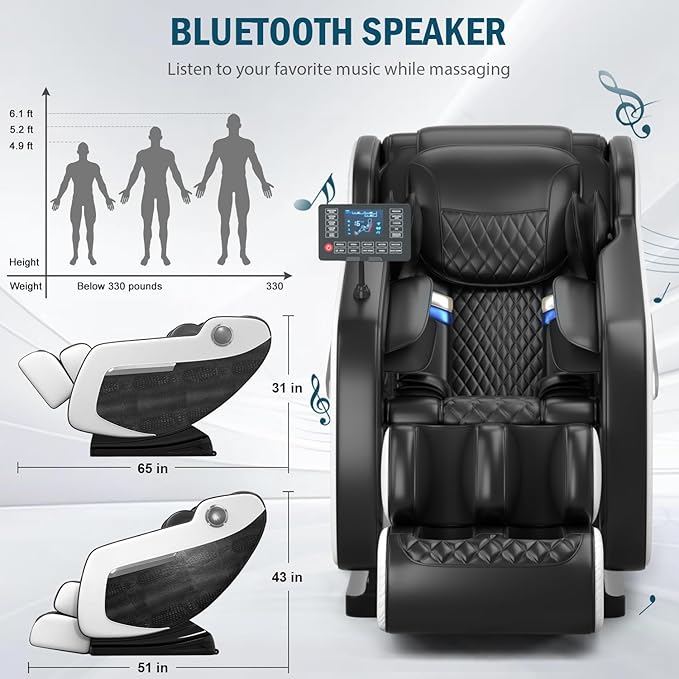 Massage Chair Full Body Zero Gravity, Massage Recliner with Air Pressure, 10 Fixed Massage Rollers, Heating, Foot Roller, Bluetooth Speaker, for Home Office Men Women (Black)