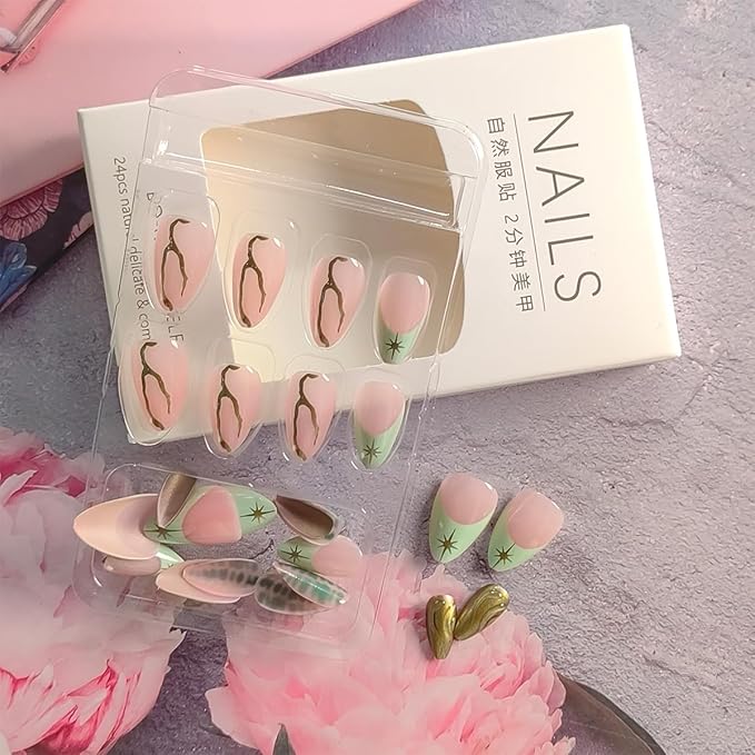 24Pcs Green French Tip Press on Nails Short Almond Fake Nails 3D Gold Chrome False Nails Star Nails Tip Design Glue on Nails Gold Lines Artificial Acrylic Nails Reusable Y2k Stick on Nails for Women
