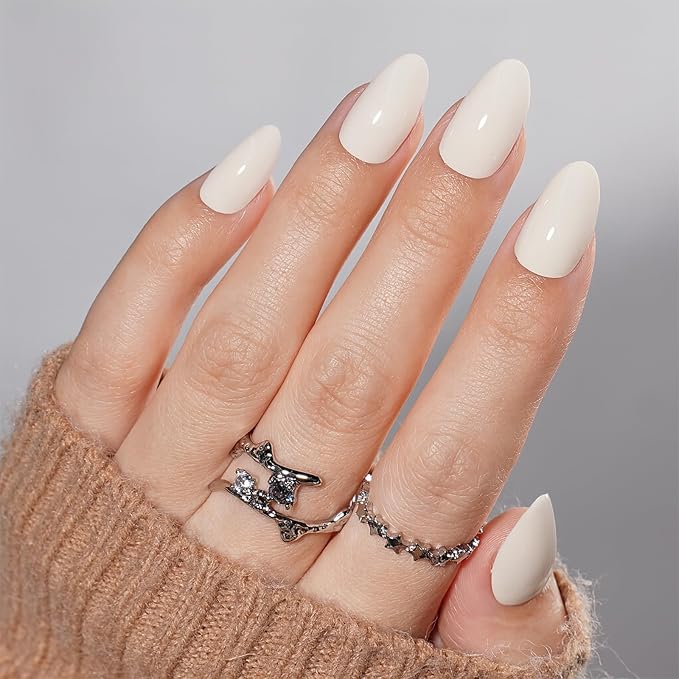 Press on Nails, Short Press on Nails Almond Reusable Glossy White Nails Soft Gel False Nails Press ons for Women, 16 Sizes 32 Count Nails Kit with Glue (SV-06)