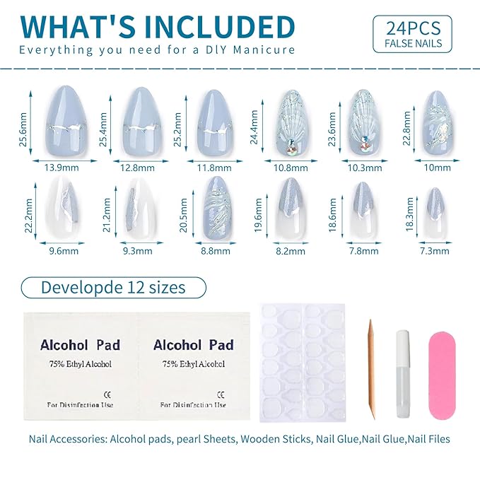 3D Shell Press On Nails – 24PCS Medium Almond White Iridescent Fake Nails with Rhinestones, Silver Chrome Mermaid Gel Design, Reusable Glossy Stick On Nails for Women