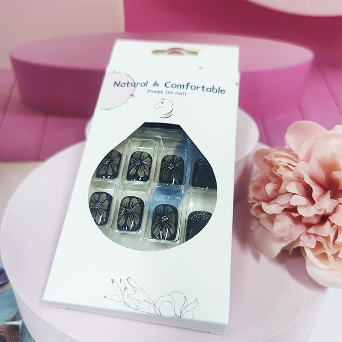 Spring Flower Press on Nails 24Pcs Chrysanthemum Stick on Nails Short Square Acrylic False Nails Glossy Black Daisy Fake Nails Silver Glitter Gel Glue on Nails for Coquette Women Girls
