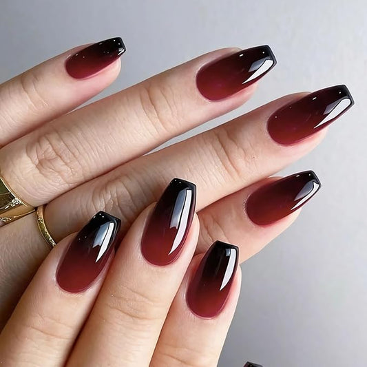 BABALAL Press on False Nails Long Coffin Fake Nails Black Red Gothic Acrylic Stick on Nails 24Pcs Halloween Glossy Full Cover for Women Girls