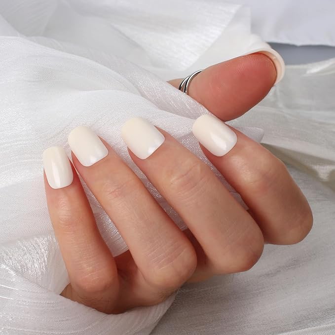 Short Press On Nails Square – 30PCS Glossy Creamy White Shade Fake Nails, Minimalist Acrylic Stick On Nails Kit with Glue & Tools, Natural False Nails for Everyday Wear