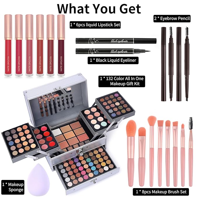 Makeup Gift Set For Women Girls, All in One Full Makeup Kit with Eyeshadow, Lip Gloss, Concealer, Blush, Contour, Highlighter Face Brushes Liquid Lipsticks Eyebrow Pen Eyeliner Pencil Sponge