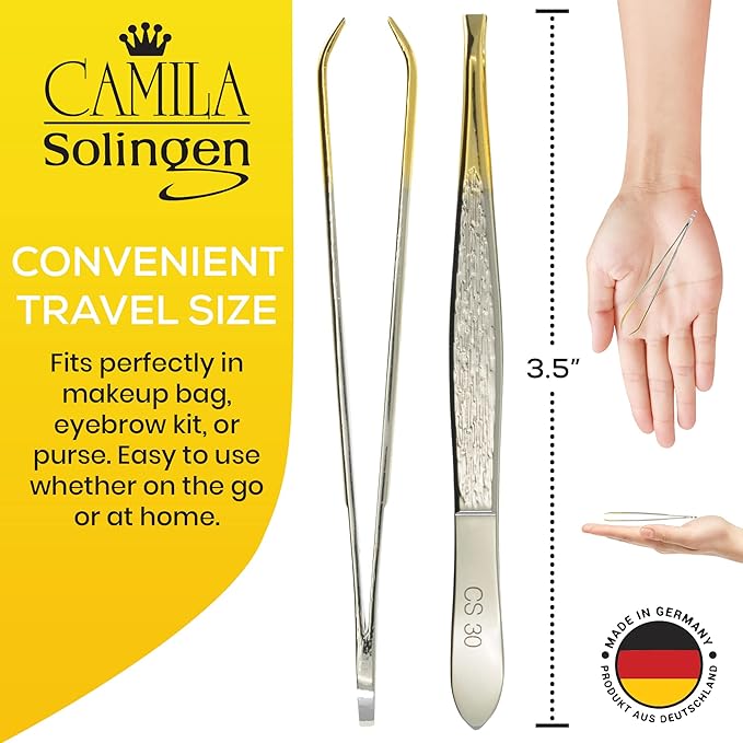CS30 3.5 Inches Gold Tipped, Surgical Grade, German Stainless Steel Tweezers (Claw) - Flawless Eyebrow and Facial Hair Shaping and Removal for Men/Women