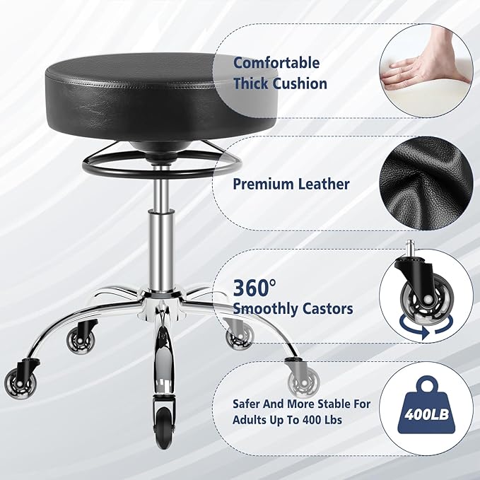 Rolling Stool with Wheels 400lbs Weight Capacity,Heavy Duty Lash Chair Adjustable for Tatoo Lab Massage Salon Spa Drafting Nail Teach,360 Swivel,Leather,Thick Seat Padding (Black)