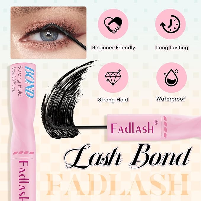 FADLASH Lash Bond and Seal Eyelash Glue DIY 2 in 1 Lash Clusters Glue with Mascara Wand for Strong Hold 72 Hours Long Lasting 10ml