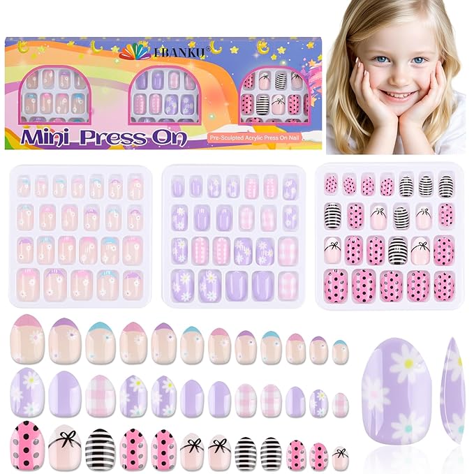 72 Pieces Press on Nails for Kids, EBANKU 3 Pack Kid Fake Nail Kit Purple Flower Black Streak Press on Nails for Girls 7-12 Years with Jelly Nail Adhesives