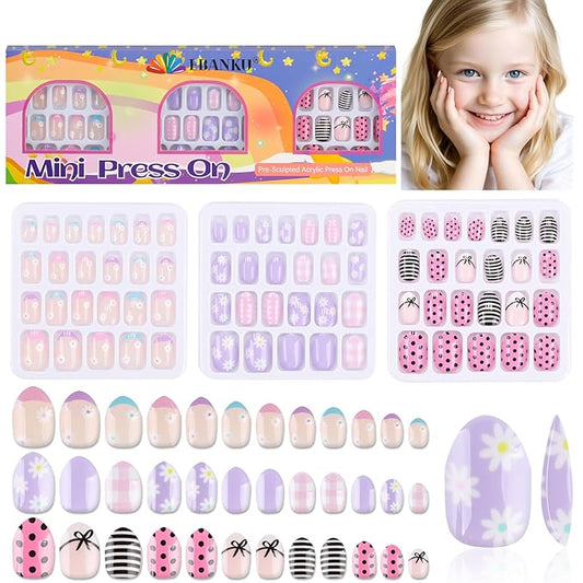 72 Pieces Press on Nails for Kids, EBANKU 3 Pack Kid Fake Nail Kit Purple Flower Black Streak Press on Nails for Girls 7-12 Years with Jelly Nail Adhesives